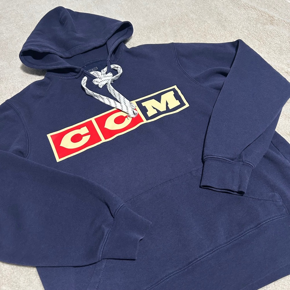 CCM Hoodie Mens Large Navy Blue Retro Block Logo Skate Lace Drawstring Youth L